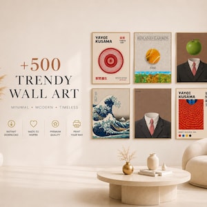 Può includere: Una collezione di sei stampe d'arte da parete incorniciate, con vari design grafici tra cui poster di Yayoi Kusama, una pallina da tennis, una mela verde, un abito e un'illustrazione di un'onda, con il testo +500 TRENDY WALL ART.