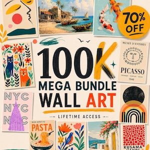 Può includere: Una collezione digitale di stampe d'arte da parete con stili diversi, tra cui forme astratte, paesaggi costieri, pesci koi, gatti, motivi floreali, architettura urbana, illustrazioni di cibo e riproduzioni d'arte con il testo 100K MEGA BUNDLE WALL ART.