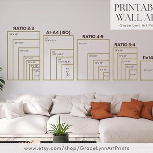 May include: Printable wall art size guide with various aspect ratios, including 2:3, 4:5, and 3:4, displayed on a white wall. The guide includes dimensions in inches, such as 24" x 36" and 11" x 14". The text "PRINTABLE WALL ART" is at the top.