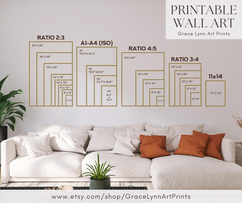 May include: Printable wall art size guide with various aspect ratios, including 2:3, 4:5, and 3:4, displayed on a white wall. The guide includes dimensions in inches, such as 24" x 36" and 11" x 14". The text "PRINTABLE WALL ART" is at the top.