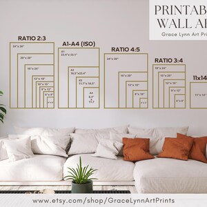 May include: Printable wall art size guide with various aspect ratios, including 2:3, 4:5, and 3:4, displayed as gold outlines. Sizes range from 4x5 inches to 24x36 inches. The text "PRINTABLE WALL ART" and shop details are visible.