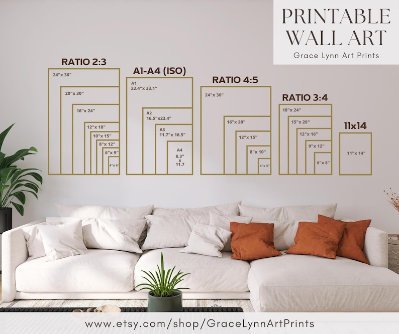 May include: Printable wall art size guide with various aspect ratios, including 2:3, 4:5, and 3:4, displayed as gold outlines. Sizes range from 4x5 inches to 24x36 inches. The text "PRINTABLE WALL ART" and shop details are visible.
