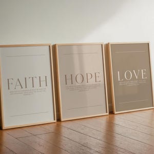 Faith Hope Love neutral Christian wall art set featuring minimalist Bible verse prints in soft cream and taupe tones Hebrews 11:1, Jeremiah 29:11, 1 Corinthians 13:13