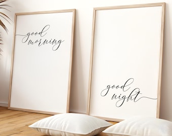 Letrero sobre la cama, arte de pared para dormitorio imprimible, buenos días imprimible, buenas noches imprimible, letrero imprimible para dormitorio, buenos días y buenas noches