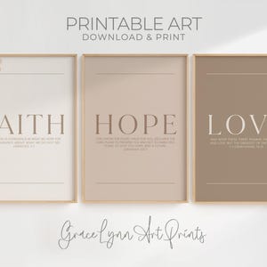 Faith Hope Love neutral Christian wall art set featuring minimalist Bible verse prints in soft cream and taupe tones Hebrews 11:1, Jeremiah 29:11, 1 Corinthians 13:13