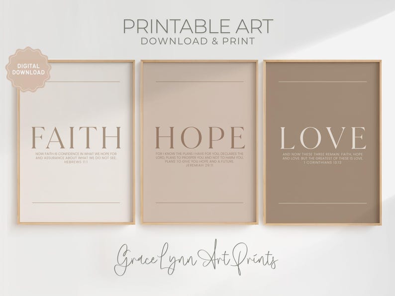 Faith Hope Love neutral Christian wall art set featuring minimalist Bible verse prints in soft cream and taupe tones Hebrews 11:1, Jeremiah 29:11, 1 Corinthians 13:13
