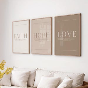 Faith Hope Love neutral Christian wall art set featuring minimalist Bible verse prints in soft cream and taupe tones Hebrews 11:1, Jeremiah 29:11, 1 Corinthians 13:13