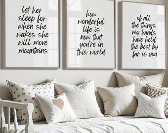 Set de frases imprimibles para habitación infantil, decoración imprimible para habitación infantil, letreros imprimibles para recién nacidos, set de 3 cuadros decorativos para habitación infantil, frases para habitación de niña