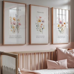 Blommiga bibelverstryck, väggkonst för flickor i barnrummet, set med 3, Ordspråksboken 31-tryck, väggkonst för bibelverser, väggdekor för flickor, digital nedladdning