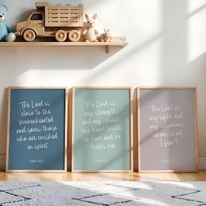Bible Verse Wall Art Set Of 3 Printables, Printable Scripture Art, Sunday School Printable Wall Art, Psalm 28:7, The Lord Is My Strength