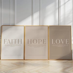 Faith Hope Love neutral Christian wall art set featuring minimalist Bible verse prints in soft cream and taupe tones Hebrews 11:1, Jeremiah 29:11, 1 Corinthians 13:13