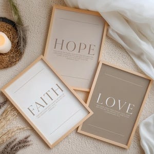 Faith Hope Love neutral Christian wall art set featuring minimalist Bible verse prints in soft cream and taupe tones Hebrews 11:1, Jeremiah 29:11, 1 Corinthians 13:13