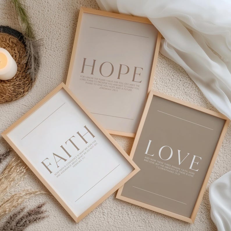 Faith Hope Love neutral Christian wall art set featuring minimalist Bible verse prints in soft cream and taupe tones Hebrews 11:1, Jeremiah 29:11, 1 Corinthians 13:13