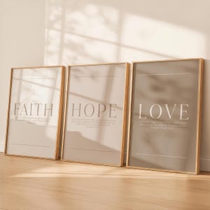 Faith Hope Love neutral Christian wall art set featuring minimalist Bible verse prints in soft cream and taupe tones Hebrews 11:1, Jeremiah 29:11, 1 Corinthians 13:13