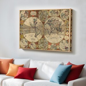 Vintage Retro Weltkarte Gemälde, große Wandbehang, Housewarming Geschenke, gerahmte Leinwand Wandkunst, moderne Leinwand Wanddekoration