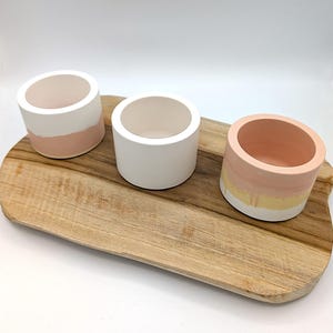 Peut inclure: Trois petits pots de fleurs cylindriques en béton blanc et rose avec un plateau de service en bois clair. Les pots ont une finition blanche lisse avec une bande de peinture rose autour du bas.