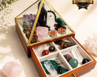 PyraCharger Deluxe – Pyramid case , Sacred Geometry, Crystal Display case, Jewelry case, cleanse crystals, Alter shelf, Brass is copper/zinc