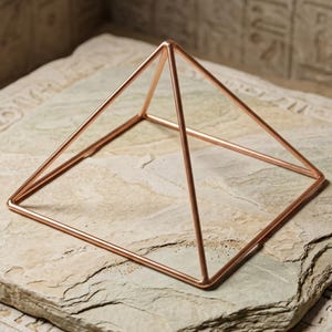 May include: A copper-colored metal pyramid with a square base. The pyramid is constructed from thin rods, forming a three-dimensional geometric shape. The pyramid sits on a textured, light-colored stone surface.