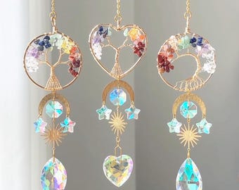 Atrapasol de cristal del chakra del Árbol de la Vida – Diseño redondo o de corazón – Atrapasol para ventana – Decoración espiritual para el hogar, cristales curativos genuinos, regalo