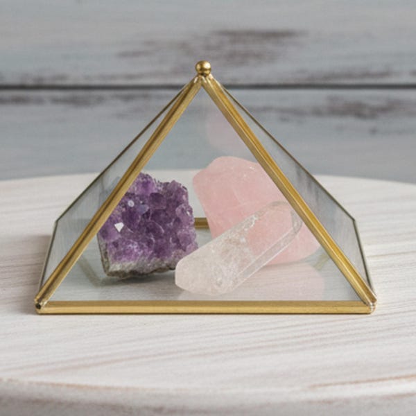 WishCatcher Pyramid, Brass Crystal Charging Pyramid, Manifestation Energizer, Good Luck, Sacred Geometry, Brass is Copper & Zinc, Amethyst