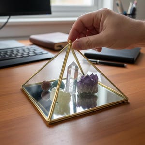 Puede incluir: Una vitrina piramidal de cristal con bordes de metal dorado, que contiene varios cristales y piedras preciosas. La vitrina está sobre una superficie de madera, mostrando una punta de cuarzo transparente, amatista y otras piedras.