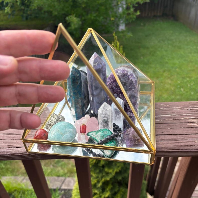 Crystal Table Display Large Brass Glass Pyramid Display Case, Crystal Showcase, Jewelry ...