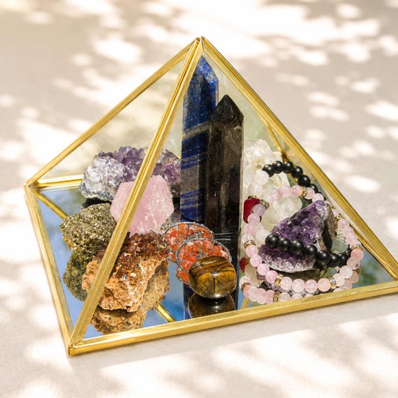 Giza Pyramid, brass glass pyramid, Healing Crystals, Cleansing, Sacred Geometry, Crystal Jewelry Display, Alter shelf, copper pyramid decor