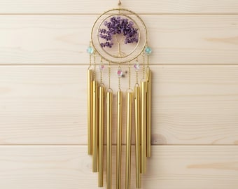 Campana de viento, Árbol de la Vida, Cuarzo rosa amatista, Cuarzo transparente, Regalo para damas de honor, Decoración de cristal, Sonido relajante, Regalo de boda, Regalo de inauguración de casa