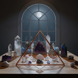 May include: A collection of various crystals and stones arranged on a wooden surface featuring a geometric pattern, centered around a large purple amethyst geode and enclosed by a copper-colored triangular frame, with a moonlit window behind.