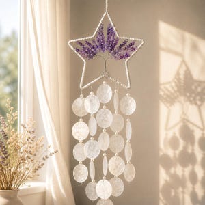 Campana de viento de cristal con forma de estrella de amatista, decoración del Árbol de la Vida, campanillas de concha de capiz, colgante bohemio, decoración de cristal, atrapasoles para ventana, regalo, decoración del hogar