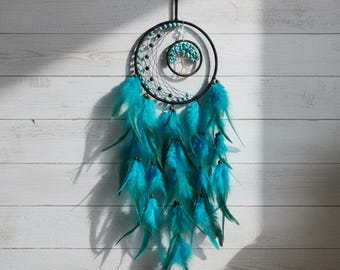 Atrapasueños – Árbol de la Vida turquesa, colgante de pared doble hecho a mano, plumas azules y verdes, decoración bohemia para el hogar, piedras turquesas auténticas