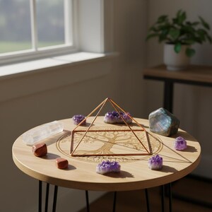May include: A copper-colored wire pyramid frame sits on a round wooden table engraved with a tree design. The table is arranged with a clear quartz point, two smooth red stones, four small purple amethyst clusters, and one large iridescent gray stone.
