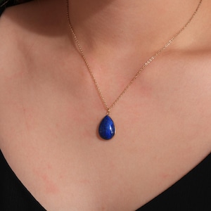 Lapis Lazuli Necklace – 18k Gold Plated Teardrop Gemstone Pendant, Crystal Necklace, Minimal Jewelry, Christmas Gift for Her