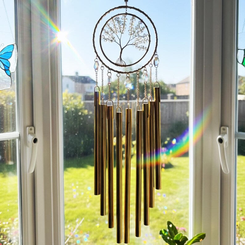 Campana de viento atrapasol, campana de cristal Árbol de la Vida de cuarzo transparente, campana de viento para interiores y exteriores, decoración para meditación, prisma arcoíris, inauguración de casa imagen 3