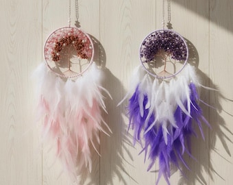 Atrapasueños Árbol de la Vida: Cuarzo Rosa y Ágata Roja o Amatista, Colgante de Pared de Plumas Hecho a Mano, Decoración Espiritual Boho, Regalo de Cristal Genuino