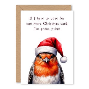 May include: A Christmas card featuring a robin wearing a Santa hat with the text "If I have to pose for one more Christmas card I'm gonna puke!"