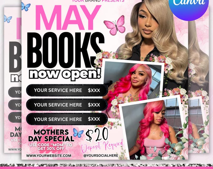 May Booking Flyer, Mother's Day Booking Flyer, May Books open, May Appointment Flyer, Hair Braids Wig Lashes Flyer, Canva Editable