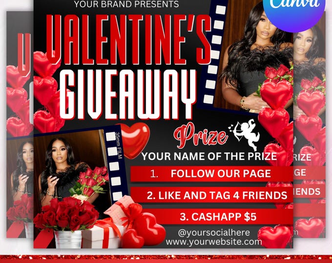 Valentine Giveaway Flyer, Valentine Raffle Flyer, February Booking Flyer February Giveaway Hair Braids Nail Lash Makeup, Canva Editable