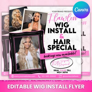 Wig Install Flyer, Wig Specials, Wig Flyer, Hair Install Flyer, Hair Booking Flyer, Hair Stylist, Social Media Flyer, Canva Editable
