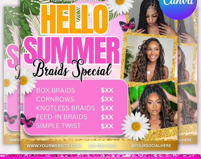 Summer Braid Sale Flyer, Summer Sale Flyer, Braid Prices Flyer, Braids Sale Flyer, Hair Flyer, Braids Special Flyer Template, Canva Editable