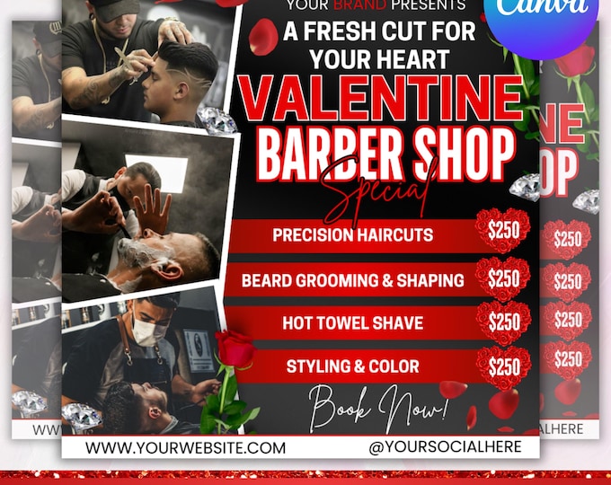 Valentine Barber Flyer, Barber Booking Flyer, Barbershop booking flyer, Haircut Stylist Flyer, Social media template, Canva Editable