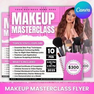 Makeup class flyer, Makeup class flyer template, Makeup Masterclass, Makeup Course Flyer, Makeup Training, Beauty Class Flyer,Canva Editable
