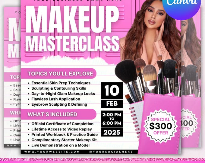 Makeup class flyer, Makeup class flyer template, Makeup Masterclass, Makeup Course Flyer, Makeup Training, Beauty Class Flyer,Canva Editable