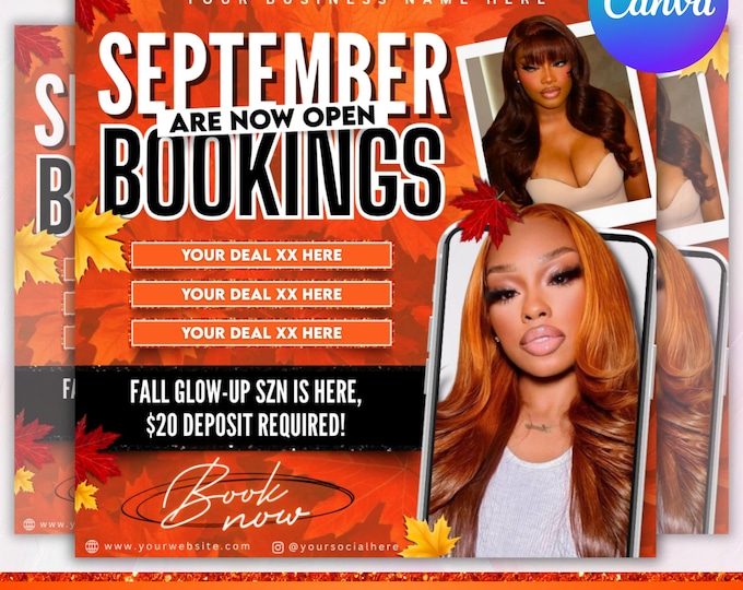 September booking flyer, September flyer, Fall Season Booking Flyer, Fall Szn Sale, Wig Install, Lash Nail Braids Flyer, Canva Editable