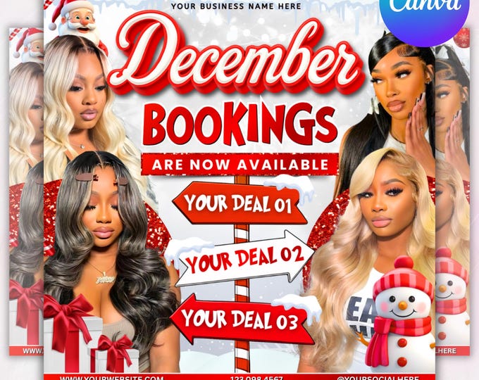 December Booking flyer, Holiday Booking Flyer, Book Now Flyer, Christmas Sale Flyer, Lash, Hair, Makeup, Nails, Wig Flyer, Canva Editable