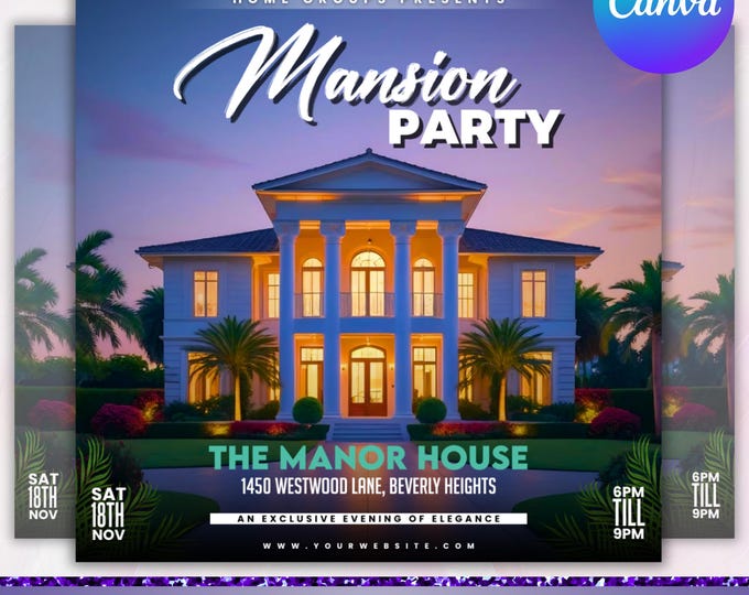 Mansion Party Flyer, Luxurious Event Flyer, Mansion Bash Flyer, Party Flyer, Birthday Party, House party, Canva Editable