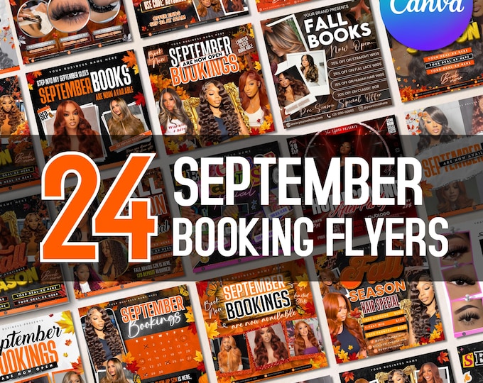 September booking flyer Bundle, September flyer, Fall Season Booking Flyer, Fall Szn Sale, Wig Install, Lash  Braids Flyer, Canva Editable