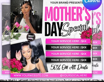 Mother&#39;s Day Booking Flyer, Mother&#39;s Day Special Flyer, Mother&#39;s Day Social Media Post,Mother&#39;s Day Deals Hair Braids Makeup, Canva Editable