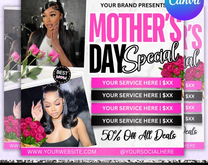 Mother's Day Booking Flyer, Mother's Day Special Flyer, Mother's Day Social Media Post,Mother's Day Deals Hair Braids Makeup, Canva Editable