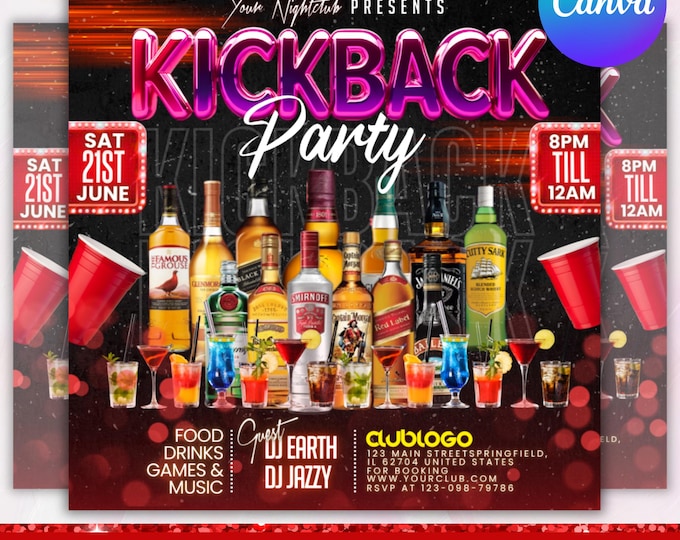 Kickback Party Flyer, Kickback Club Flyer, Club DJ Party Invite, Event Flyer, Social Media Flyer, Instant Download, Canva Editable